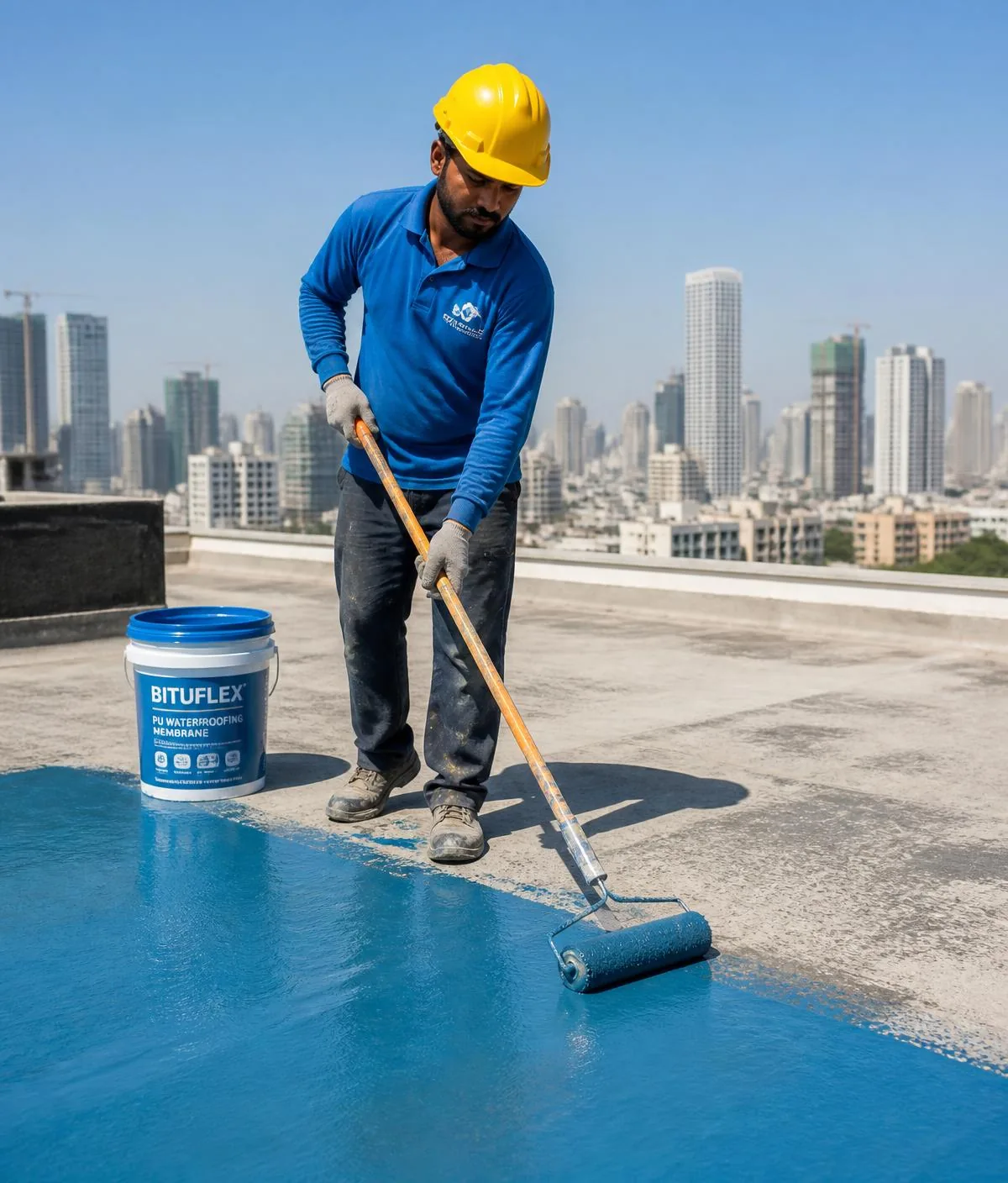 Profissional aplicando impermeabilizante em laje de cobertura